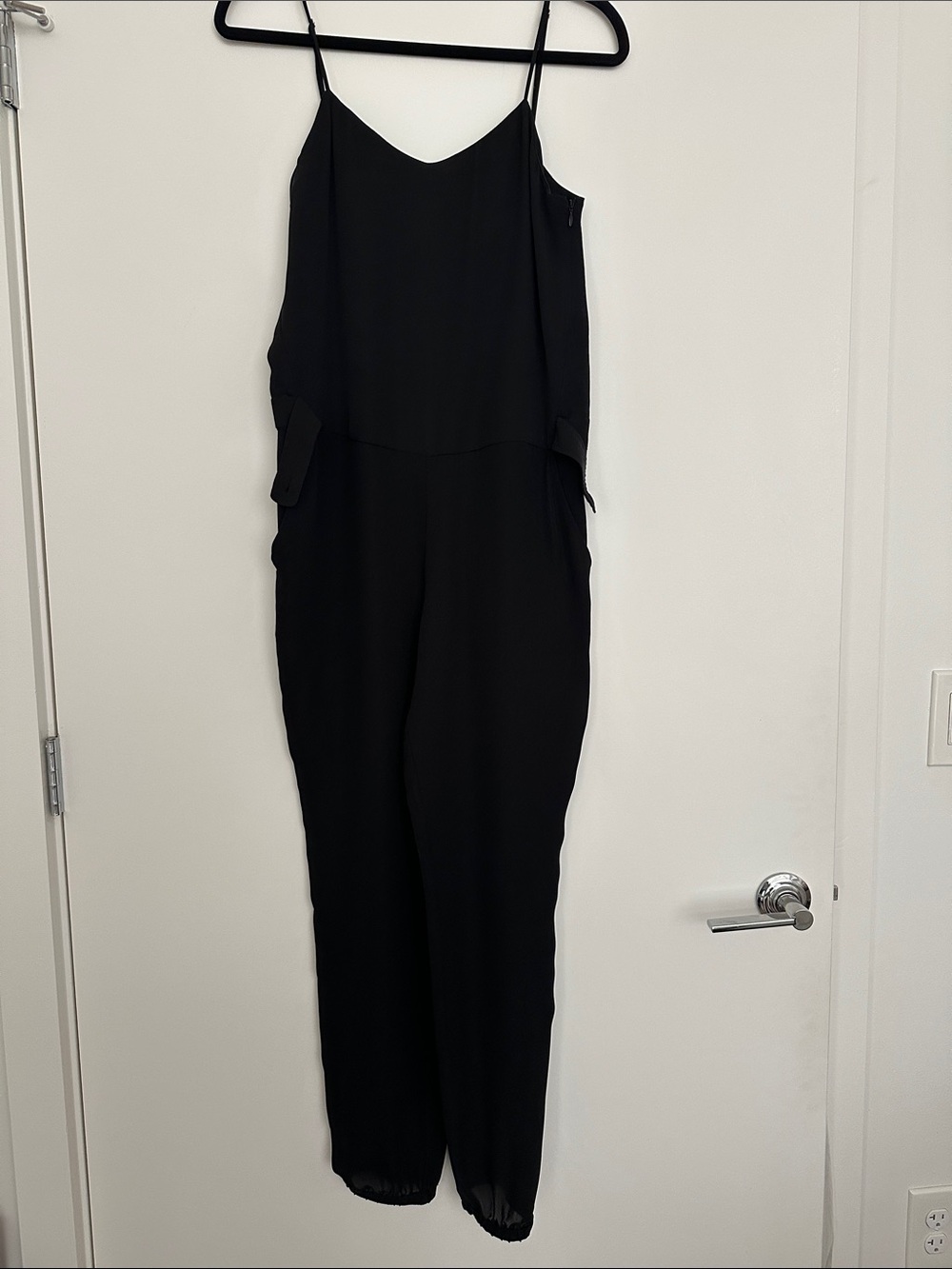 Theory 100% Silk Sleek Black V-Neck Spaghetti-Strap Jumpsuit with cinch waist